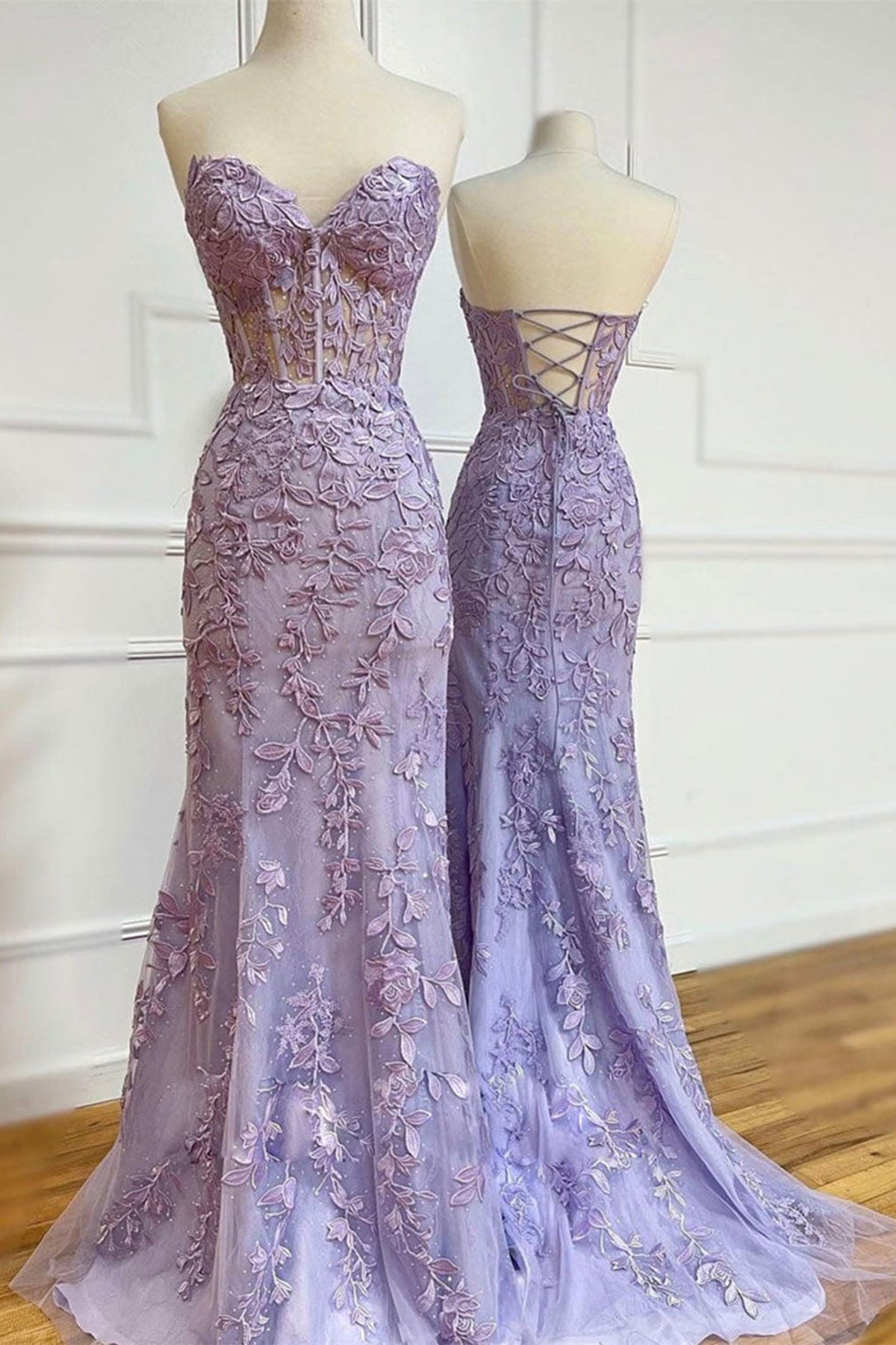 Mermaid Strapless Purple Lace Long Prom ...